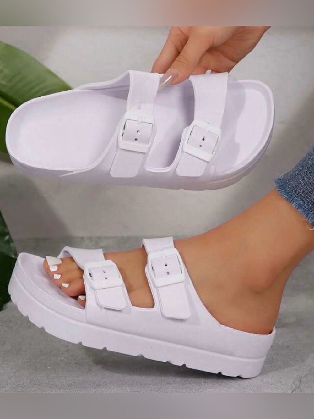 Classic Double-Buckle White Slide Sandals - Women